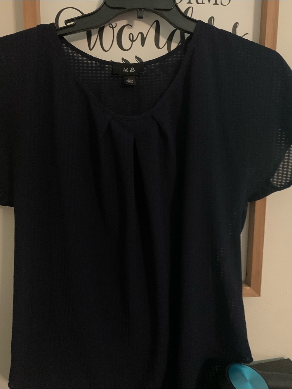 AGB Navy Short Sleeve Pleated Round Neck Blouse